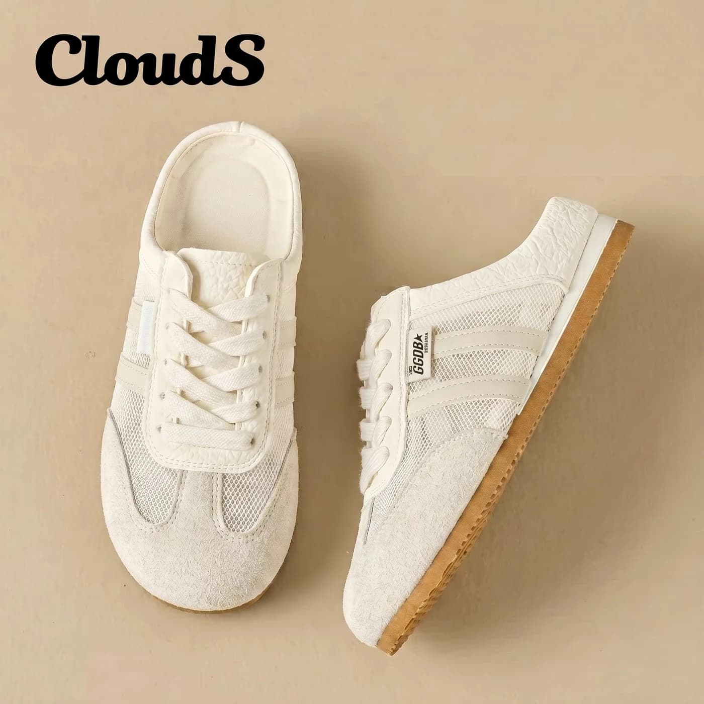 Giày Sục Đạp Gót Nữ Mule Sneaker GGOBK CloudS Vải Lưới Thoáng Khí, Êm Chân, Thời Trang – Trắng Vanilla Cream
