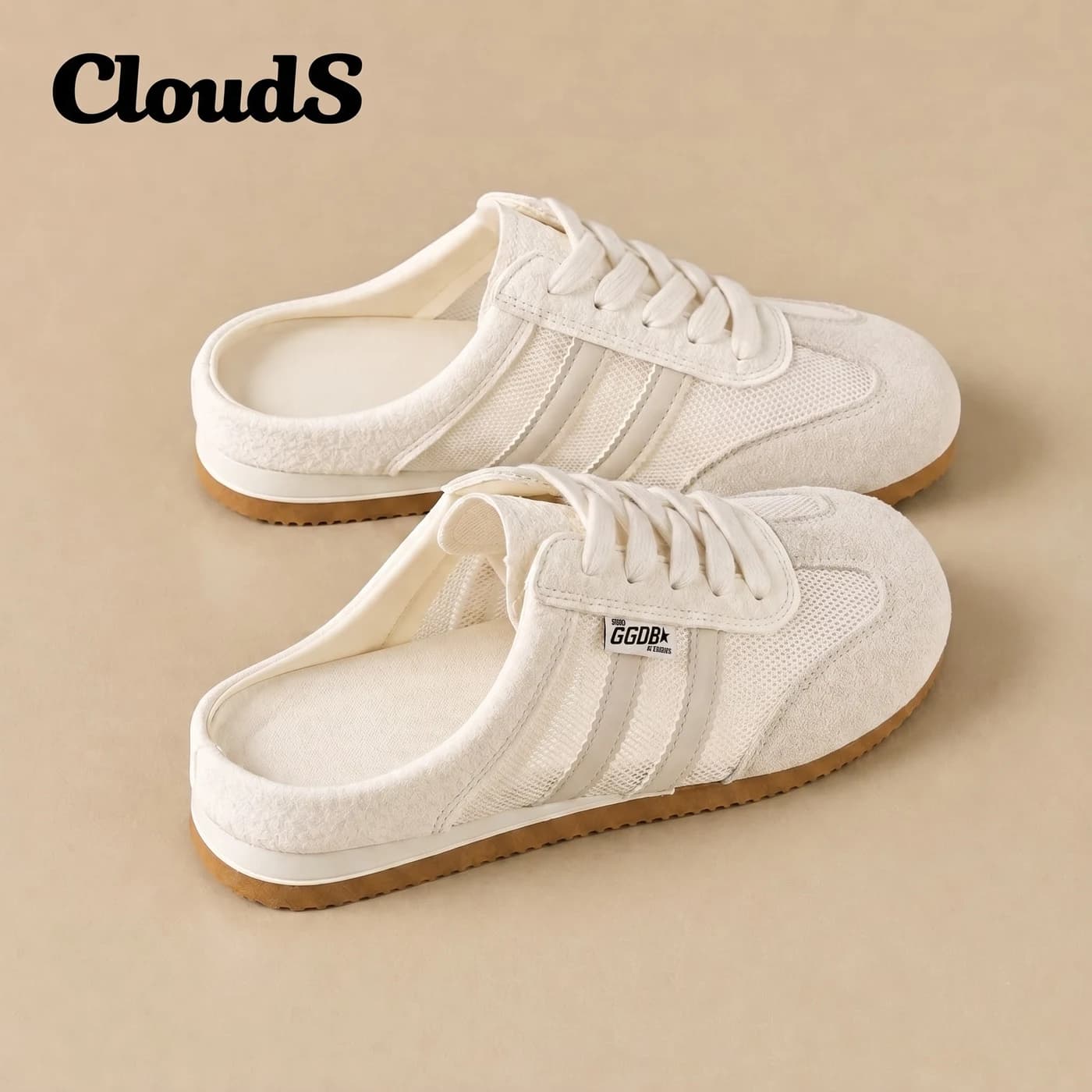 Giày Sục Đạp Gót Nữ Mule Sneaker GGOBK CloudS Vải Lưới Thoáng Khí, Êm Chân, Thời Trang – Trắng Vanilla Cream